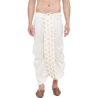 VASTRAMAY Men's Cream Silk Blend Embroidered Dhoti Ready-to-Wear Traditional Dhoti with Golden Embroidery for Weddings, Festivals, and Casual Wear