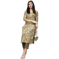 ANNI DESIGNER Women's Cotton Blend Straight Printed Kurta with Pant (Seep Green_S_Green_Small)