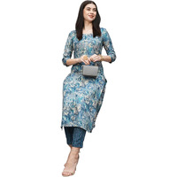 ANNI DESIGNER Women's Cotton Blend Straight Printed Kurta with Pant (Seep Blue_M_Blue_Medium)