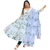 Women Floral Print Anarkali Kurta with Pant and Duptta (Small, White)