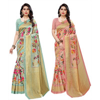 Yashika Women's Combo Art Silk Printed Saree With Blouse Piece Pack Of 2(AIR LIGHT GREEN-AIR PEACH)