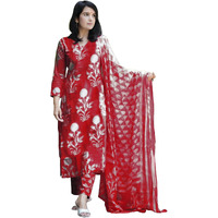 ANNI DESIGNER Women's Rayon Blend Floral Straight Kurta with Pant & Dupatta (Zuri Purple_Red_Large)
