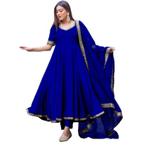 ANNI DESIGNER Women's Rayon Blend Anarkali Solid Kurta with Pant & Dupatta & Dupatta (Shyam Royal Blue_S_Blue_Small)