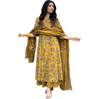 ANNI DESIGNER Women's Rayon Blend Anarkali Printed Kurta with Pant & Dupatta (CIA YELLOW-VKS01_XXL_Yellow_XX-Large)