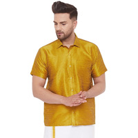 VASTRAMAY Men's Mustard Yellow Silk Blend Ethnic Shirt Half Sleeves  South Indian Traditional Chennai Shirt for Weddings, Parties, and Festive Occasions (Sizes S - XL)