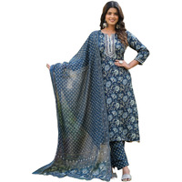 KLOSIA Women Block Printed Anarkali Kurta and Pant Set with Dupatta |Kurta Set for Women |Kurta Set with Dupatta for Women | Embroidery | Suit Set | Ethnic Set | Printed Kurta Set | (Small) Blue