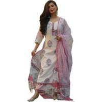 KLOSIA Women Block Printed Kurta Set with Dupatta (Medium) White