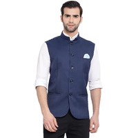 VASTRAMAY Men's Navy Blue Cotton Silk Nehru Jacket  Elegant Festive Wear with Mandarin Collar, Perfect For Ethnic & Festive Occasions, Weddings & Celebrations