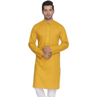 Vastramay Men's Mustard Cotton Linen Blend Kurta  Elegant Ethnic Wear with Mandarin Collar, Perfect for Eid, Weddings & Festive Celebrations