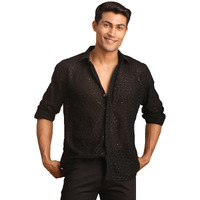 VASTRAMAY Men's Black Georgette Ethnic Regular Fit Shirt || Embroidered Georgette Stylish Shirt || Ethnic Wear For Festivals, Weddings_Vasmsh209Bl_40