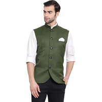 VASTRAMAY Mens Cotton Silk Green Nehru Jacket - Timeless Style & Versatility | Ethnic Sleeveless Coat With Curved Hem And Formal Waist Length | Formal & Casual Wear_VASMJ054GN_42