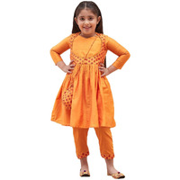 VASTRAMAY Girls Orange Anarkali Suit Set with Matching Bottom & Potli Bag  Elegant Ethnic Wear