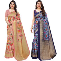 Yashika Women's Combo Art Silk Printed Saree With Blouse Piece Pack Of 2(AIR PEACH-SWATI NAVY)