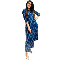 ANNI DESIGNER Women's Pure Cotton Flower Print Kurta Plazzo Set (Blue,M)