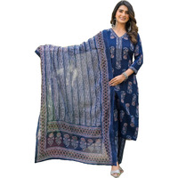 KLOSIA Women Straight Floral Printed Kurta and Pant Set with Dupatta (Indigo Blue) | Ethnic Set | Dupatta Set | Suit Set | Kurta Set | Wedding Suit | (Small)