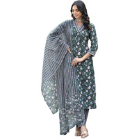 KLOSIA Women Floral Printed Kurta Pant Set with Duppata (Large) Green