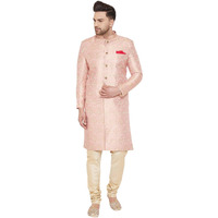 VASTRAMAY Men's Pink And Gold Silk Blend Sherwani Set - Brocade Sherwani And Pyjama Set