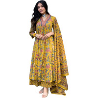 Yashika Women's Regular Cotton Blend Floral Printed Kurta Plazzo Set with Dupatta Suitable for Every Indian Occasion (AZ-YS-OG-KS2171-Parent_Yellow