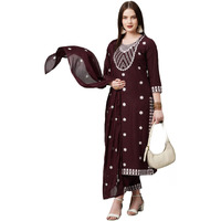 ANNI DESIGNER Women's Cotton Blend Embroidered Straight Kurta with Pant & with Dupatta (Dalfuna Wine_M_Wine_Medium)
