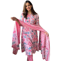 ANNI DESIGNER Women's Rayon Blend Straight Printed Kurta with Pant & Dupatta (Kumud Pink_S_Pink_Small)