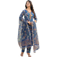 ANNI DESIGNER Women's Cotton Blend Printed Straight Kurta with Pant & Dupatta (JDP Blue_M_Blue_Medium)
