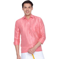VASTRAMAY Men's Pink Silk Blend Ethnic Shirt Full Sleeves, South Indian Traditional Chennai/Madras Shirt, For Festive, Wedding, Casual & Party Wea (S - XL)