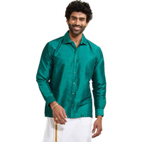 VASTRAMAY Men's Green Silk Blend Ethnic Shirt | Full Sleeves South Indian Traditional Shirt | Festive, Wedding, Casual Wear