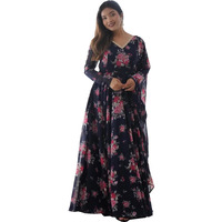 Wedani Women Floral Print Anarkali Kurta with Pant and Duptta (Large, Navy)