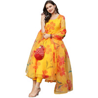 ANNI DESIGNER Women's Organza Anarkali Floral Printed Kurta with Pant & Dupatta (BHUJ-Yellow-NW_XXL_Yellow_XX-Large)