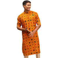 VASTRAMAY Men's Yellow Cotton Blend Kurta | Longline Pathani Style Rayon Printed | Kurta for Festivals - Stylish, Comfortable - Perfect for Celebrations and Cultural Events, Navratri & Diwali