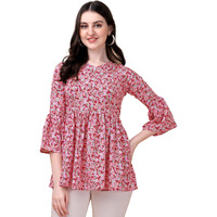 Wedani Women's Casual Bell Sleeves V-Neck Foral Top (Medium, Pink)