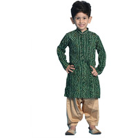 VASTRAMAY Boys Green and Rose Gold Kurta Patiala Set | Gold Bandhani And Foil Print Rayon Kurta With Pyjama for Navratri, Diwali & Festive Celebrations - Stylish and Comfortable Indian Outfit for Kids