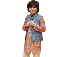 VASTRAMAY Boys' Blue Nehru Jacket | Classic & Elegant Sleeveless Moroccan Pattern Printed Silk Blend Jacket for boys - Navratri Special Traditional Ethnic Waistcoat - Perfect for Festivals, Weddings