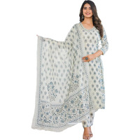 KLOSIA Women Block Printed Kurta and Pant Suit with Dupatta (Small) White