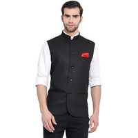 VASTRAMAY Men's Black Cotton Silk Nehru Jacket  Classic Festive Wear with Mandarin Collar, Perfect For Ethnic & Festive Occasions, Weddings & Celebrations