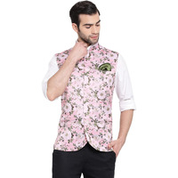 VASTRAMAY Mens Silk Blend Pink Nehru Jacket - Timeless Style & Versatility | Digital Floral Printed Ethnic Sleeveless Coat for Formal & Casual Wear_VASMJ055PN_44