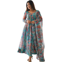 Wedani Women Floral Print Anarkali Kurta with Pant and Duptta (Large, Blue)