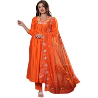 ANNI DESIGNER Women's Rayon Blend Anarkali Thread Work Kurta with Pant & Dupatta (ASHVTHAMA ORANGE-VKS07_L_Orange_Large)