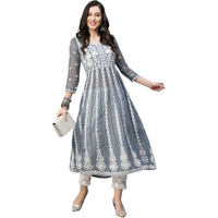 ANNI DESIGNER Women's Georgette Chikankari Embroidered Anarkali Kurti (Kari Grey_XXL_Dark Grey_XX-Large)