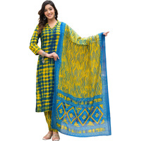 KLOSIA Women Shibori Printed Kurta and Pant Set with Dupatta (X-Large) Yellow