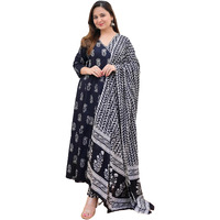 KLOSIA Women Block Printed Angarakha Kurta and Pant Set with Dupatta (X-Large) Black