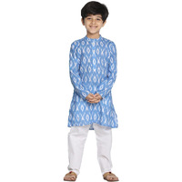 VASTRAMAY Boys' Aqua Blue And White Ikkat Kurta Pyjama Set || Traditional Ikkat Print Flat Collar Kurta And Relaxed Pyjama Set || Ethnic Wear for Festivals, Weddings_VASBK068AQnPWH_32