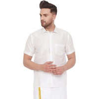VASTRAMAY Men's White Silk Blend Ethnic Shirt - Half Sleeves, Solid Self-Design, Cutaway Collar, Festive (S - XL)