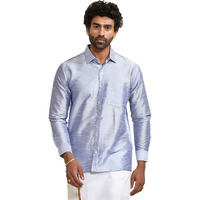 VASTRAMAY Men's Powder Blue Silk Blend Ethnic South Indian Shirt | Full Sleeves Traditional Chennai Style