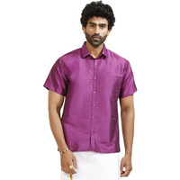VASTRAMAY Men's Purple Silk Blend Ethnic Shirt - Half Sleeves South Indian Traditional Shirt, For Festive, Wedding, Casual Wear