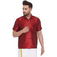 VASTRAMAY Men's Maroon Silk Blend Ethnic Shirt - Half Sleeve South Indian Traditional Shirt - Chennai/Madras Shirt for Weddings, Festivals & Formal Occasions