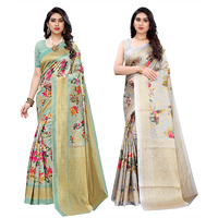 Yashika Women's Combo Art Silk Printed Saree With Blouse Piece Pack Of 2(AIR LIGHT GREEN-PUDINA GREY)