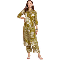 ANNI DESIGNER Women's Rayon Blend Straight Printed Kurta with Pant (Tomsk Mehandi_XL_Mehandi_X-Large)