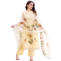 ANNI DESIGNER Women's Chanderi Cotton Straight Printed Kurta with Pant & Dupatta (Falak Cream_S_Cream_Small)