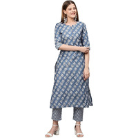 ANNI DESIGNER Women's Cotton Blend Printed Straight Kurta with Pant (Funnu New01 Blue_M_Blue_Medium)